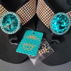 Rhinestone Blue Round Size Small 5/6 Wedge Flip Flops